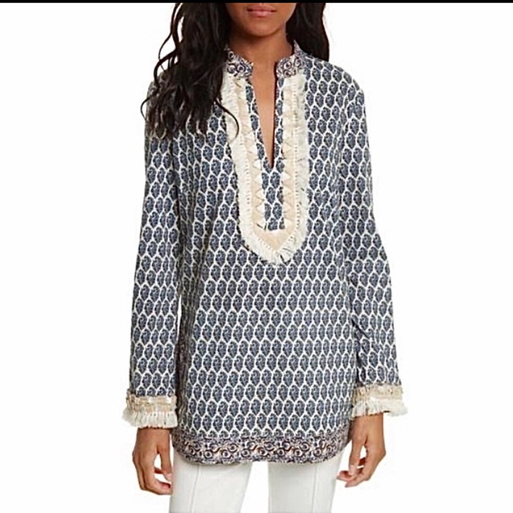 Tory Burch fringed  tunic w/ shell detail,blue multi print Sz 12